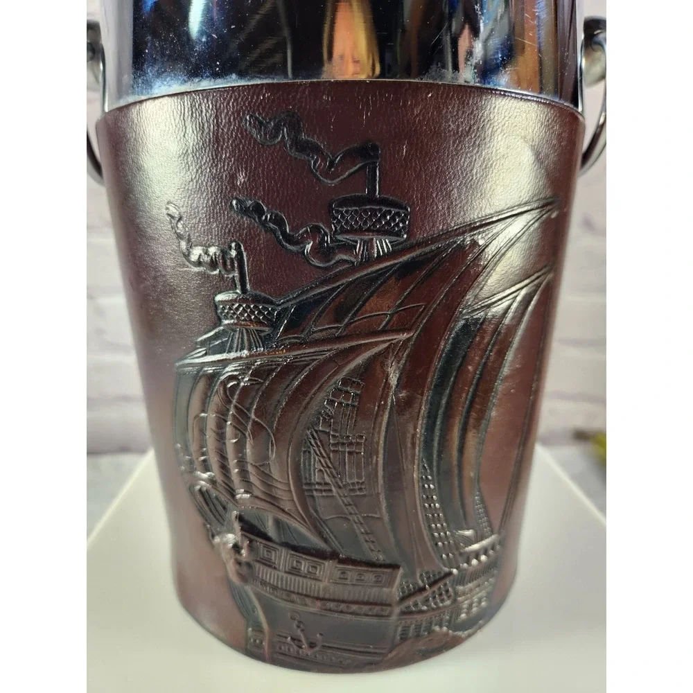 SUPER RARE Leather Champagne Chiller Ice Bucket Exquisite VIKING Ship Embossed